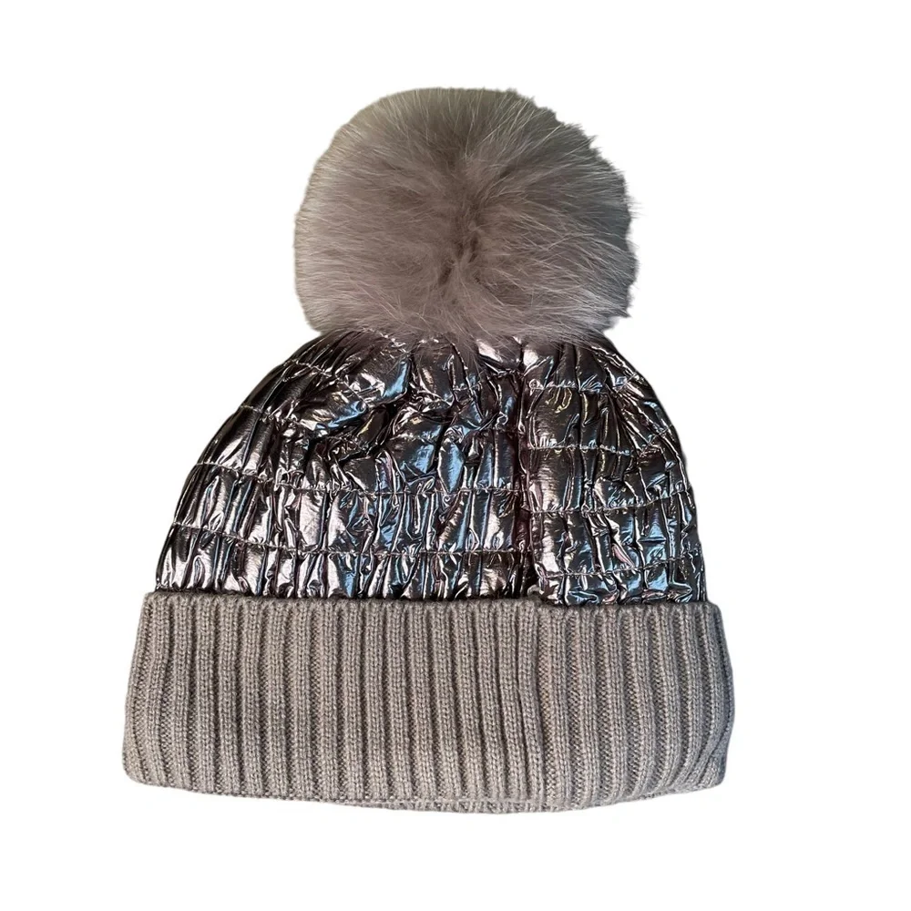 Women's Pom Rose Gold Pink Color Quilted Puffer Hat, One Size